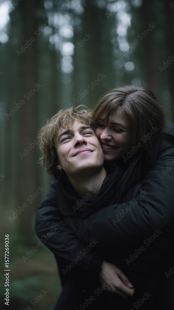 Fototapeta premium Joyous embrace in misty woodland symbolizes wild love, whimsical adventure, perfect for Forest Bathing Day, idyllic youth romance