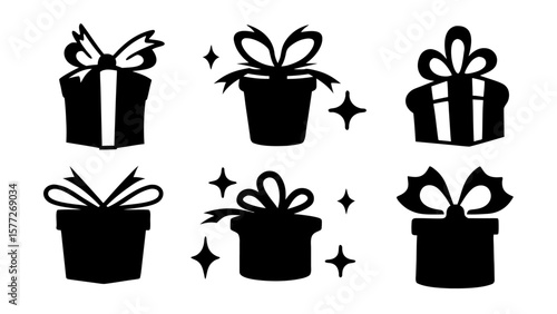  Gift boxes with ribbon icons Set. Gift box flat silhouette set.