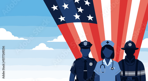 Police officer, nurse, and firefighter salute under patriotic flag for Patriot Day