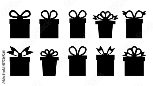  Gift boxes with ribbon icons Set. Gift box flat silhouette set.