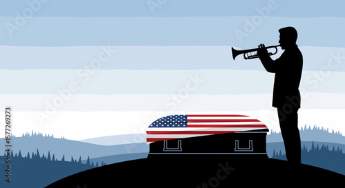 Silhouette of trumpeter playing near casket with US flag, for funeral