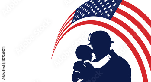 Miner holding child with american flag, the concept of patriotism, with copy space