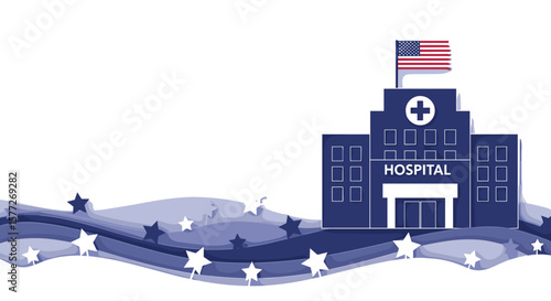 Hospital building with USA flag, Patriot Day concept, with copy space