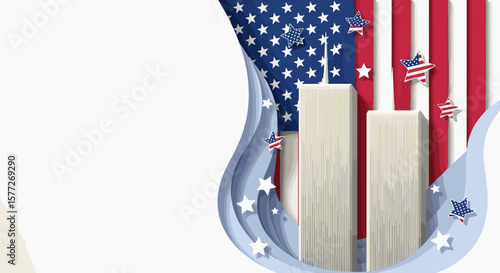 Patriot Day backdrop with American flag and towers with copy space
