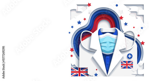 UK healthcare worker wearing a mask in a paper cut style, with copy space