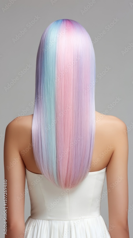 Obraz premium Smooth pastel rainbow hair cascading down a Caucasian woman's back, evoking Holi festival vibrance and creativity's whisper
