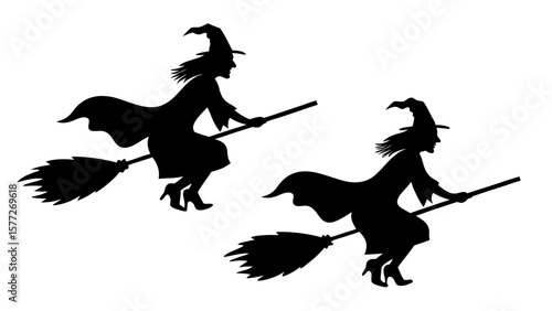Set Of Flying Witch Silhouettes on Broomsticks