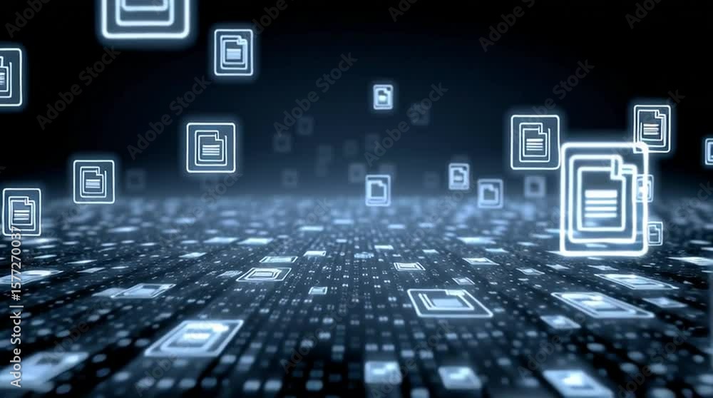 Digital file icons float above a futuristic, illuminated surface, representing cloud storage, data management, and advanced technology in a modern, virtual environment. Digital file icons float above a futuristic, illuminated surface, representing cloud storage, data management, and advanced technology in a modern, virtual environment.