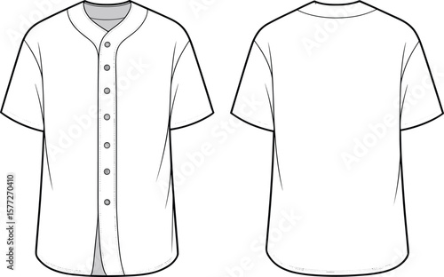 Blank white baseball jersey front and back view, short sleeve button-up shirt, apparel design template, sportswear fashion illustration