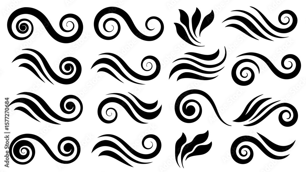 Fototapeta premium Set of Abstract Tribal Swirl and Spiral Design Elements.Black Vector Tattoo Style Collection.