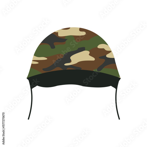 Round military combat helmet with green camouflage, essential battlefield protection, flat art design style.

