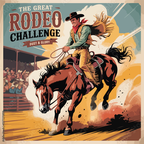 Vintage Rodeo Illustration – Cowboy Riding Bucking Bronco in Mid-Air
