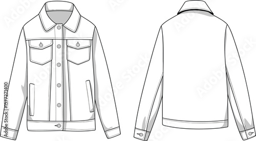 Denim jacket sketch, front and back views, chest pockets, seam detail, casual fashion template, stylish clothing design, garment illustration