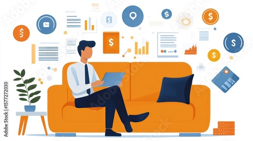 A businessman interacting with virtual banking icons, representing interbank payments, currency exchanges, and global financial transfers.