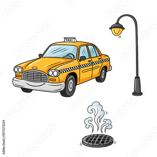 Cartoon yellow taxi cab illustration with street lamp and manhole cover in a city scene image design vector