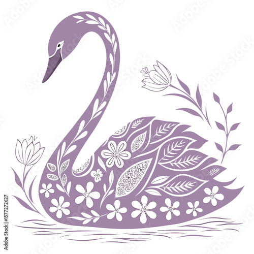 a purple swan with white flowers