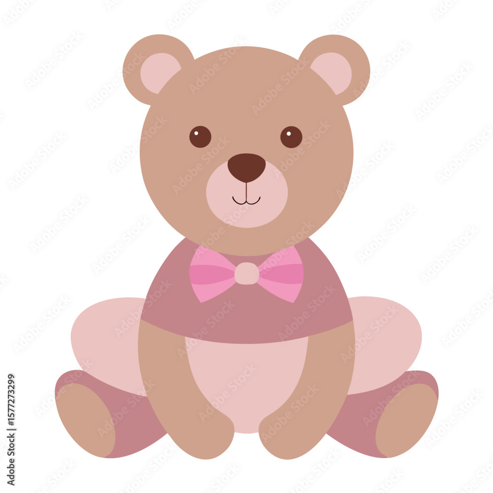 Fototapeta premium Teddy bear sits wearing a pink tutu and bow tie animal vector icon on white background.