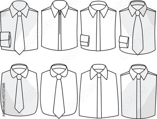 Men's dress shirt set, formal wear collection, office fashion style, classic button shirt, necktie options, professional clothing layout