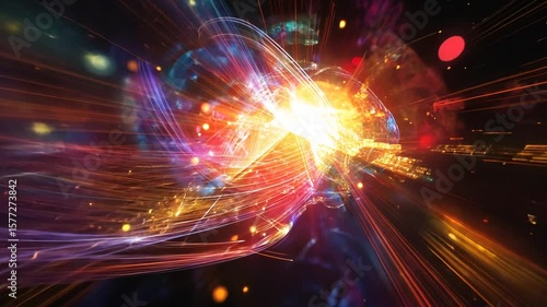 Abstract energy core with vibrant colors and radiating light streaks visualization