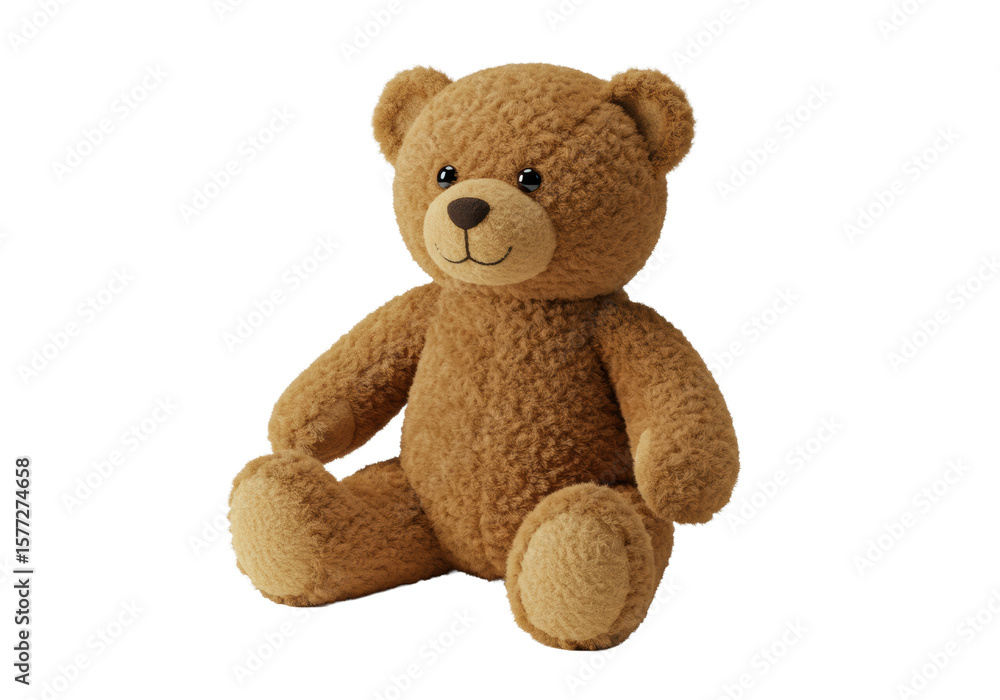 Fototapeta premium A classic, plush brown teddy bear, 12-15 inches tall, with soft, fluffy texture, gentle smile, and shiny eyes, sitting relaxed on a transparent background with no shadows, concept of childhood