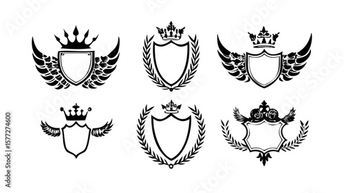 Vector heraldic shield logo design collection with crowns and wings elements set