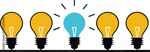 A sequence of stylized light bulbs, often with one distinctively lit or colored, symbolizing ideas, innovation, or a unique solution