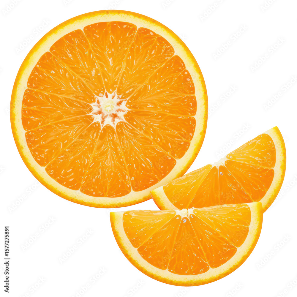 Fototapeta premium A single vibrant orange slice and three plump segments displaying translucent pulp, juice vesicles, and glossy surface on a clean, shadowless white studio background, ultra-realistic commercial food
