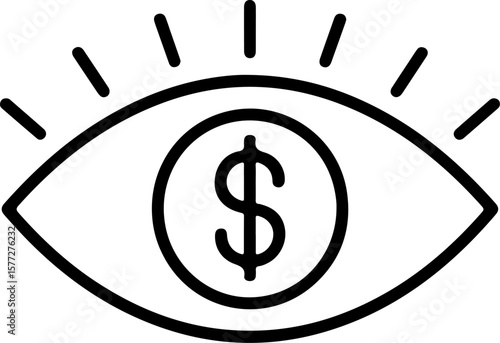 Stylized eye with a dollar sign in the pupil and radiating lines
