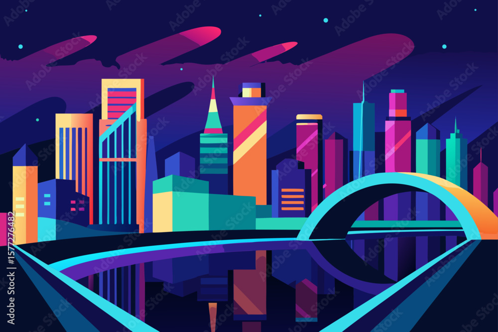 Fototapeta premium Vibrant Urban Nightscape with Illuminated City Architecture