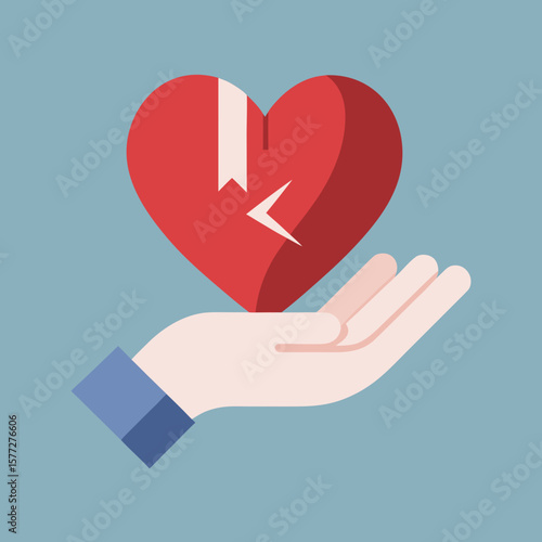 Flat Illustration of Human Hand Holding a Broken Heart Representing Emotional Pain, Heartbreak, and Lost Love

