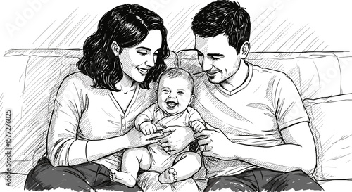 Happy mom and dad showing their baby. Concept of family, love, and loyalty. Demography. Birth rate. Parents' Day Illustration sketch in black and white

