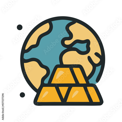 Gold investment icon with globe symbol representing global finance, international wealth, worldwide asset security, and global economic value. Ideal for finance, banking, and investment design.