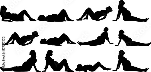 Silhouettes of pregnant women in various reclining poses showcase motherhood, health, and the beauty of pregnancy.