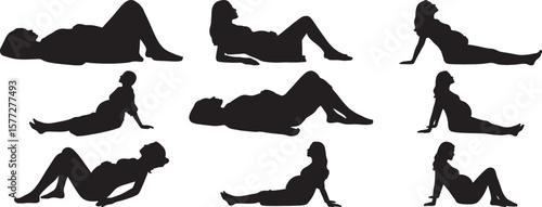 Silhouettes of pregnant women in various reclining poses showcase maternity and expectant motherhood.