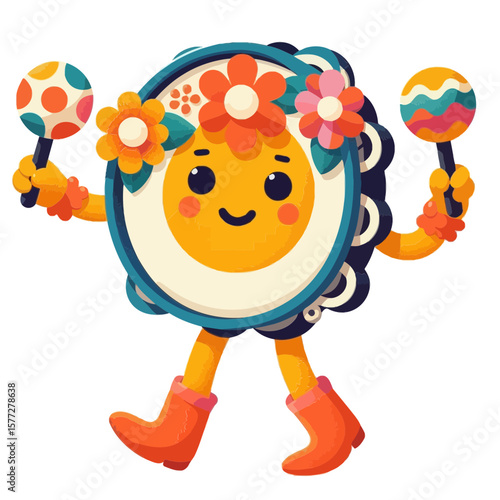 A cute cartoon tambourine mascot holding maracas, wearing boots, and decorated with flowers. Ideal for websites and blogs on music education, children's events, festivals, and kindergarten activities.