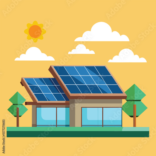 Modern sustainable home with solar panels and green energy illustration