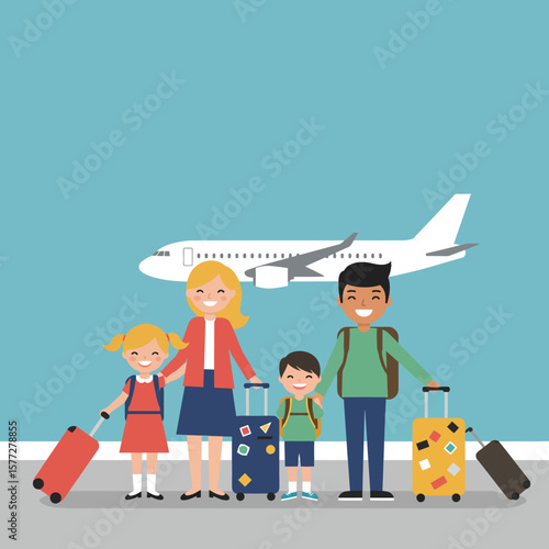 A smiling family with their luggage stands on the airport tarmac, eagerly awaiting to board an airplane for their summer vacation.