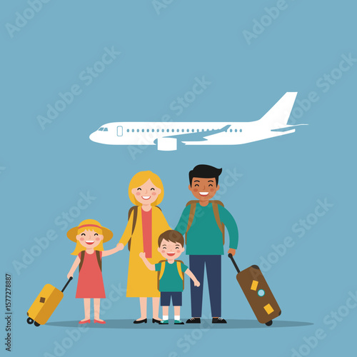 A happy family with children and luggage is ready for an exciting air travel adventure, symbolizing vacation and global journeys.