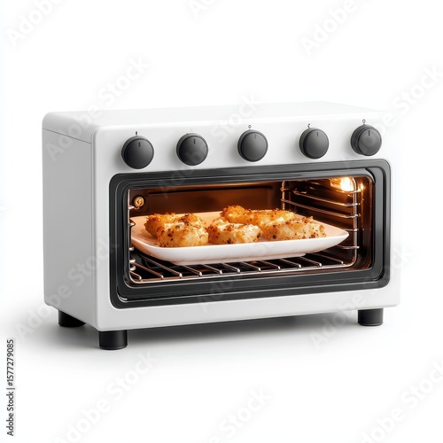 Compact White Toaster Oven with Browned Baked Goods Inside