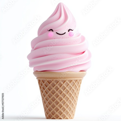 Charming Pink Ice Cream Cone with Smiling Face and Whimsical Design