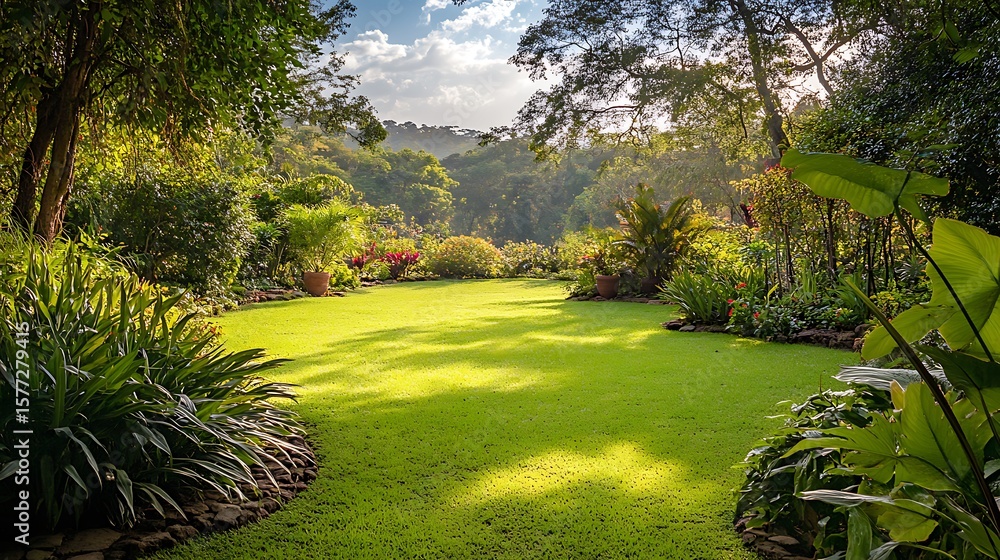 Fototapeta premium Beautiful lush garden with green grass, flowers, and trees on a sunny day