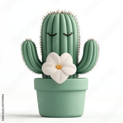 Cute Cartoon Cactus with Flower in Minimalist Pot for Home Decor