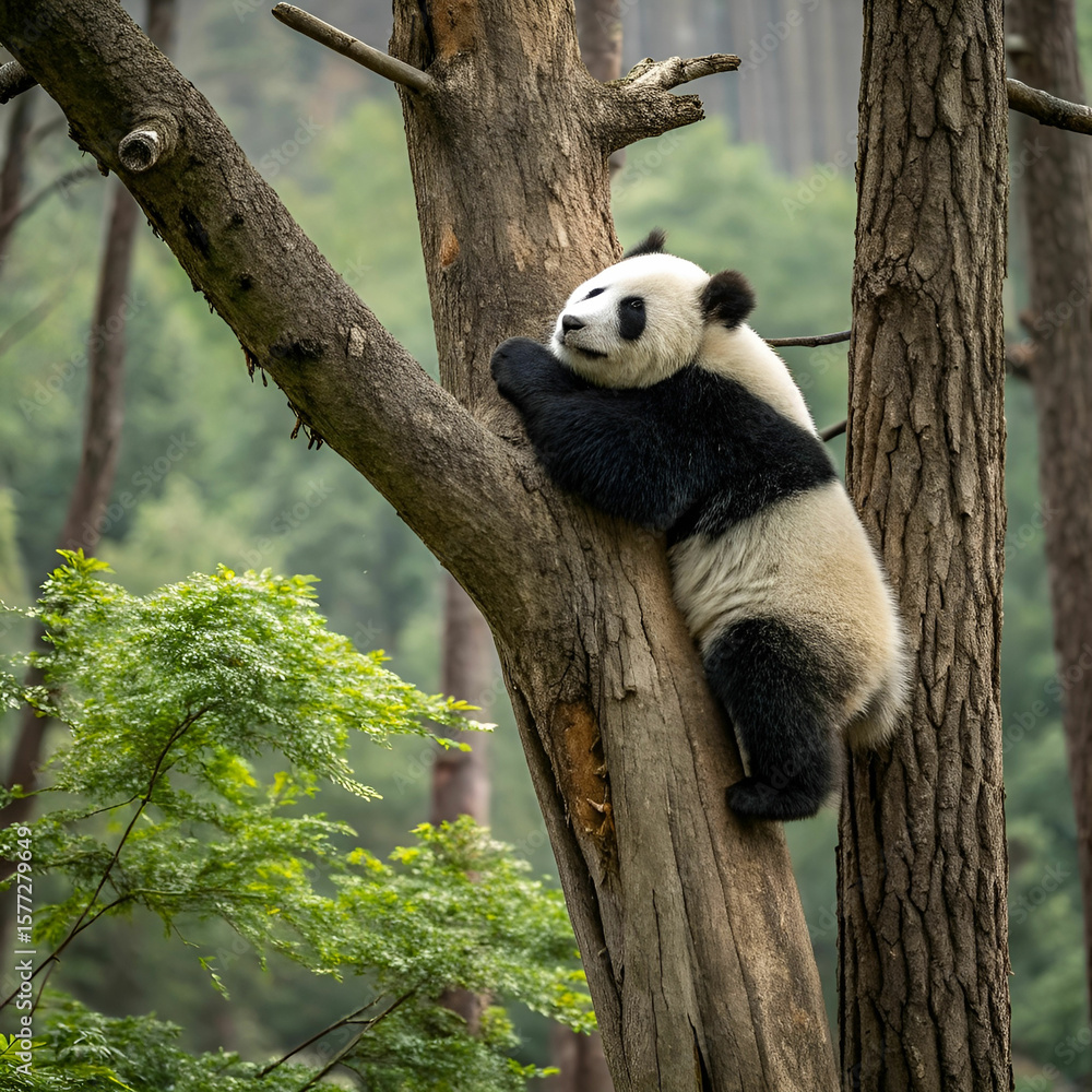 Obraz premium A curious panda is gently nestled inside a hollow tree trunk.