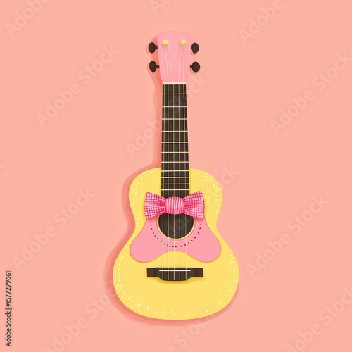 Colorful cartoon guitar with pink bow on a pastel pink background