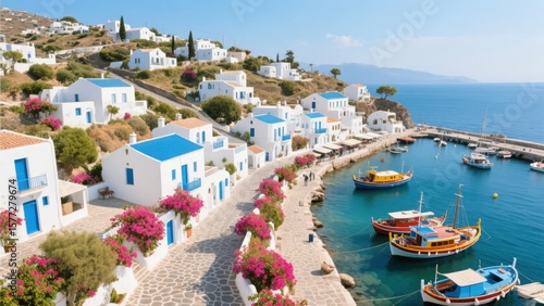 Charming coastal village with white houses, blue roofs, and colorful boats docked by the turquoise sea.