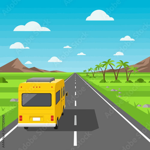 A bright yellow camper van drives along a scenic highway through a green countryside with palm trees under a blue sky.