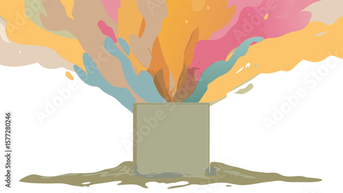 Illustration of a box with colorful paint or liquid erupting from the top on a white background
