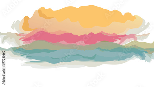 Abstract watercolor landscape with layered hills and sky blending soft pastel colors nicely together