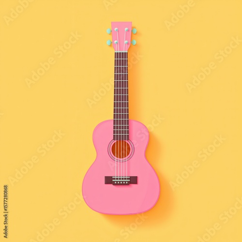 Pink Acoustic Guitar on Bright Yellow Background with Unique Design