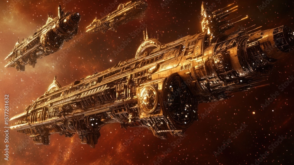 Naklejka premium Golden ships in starry space